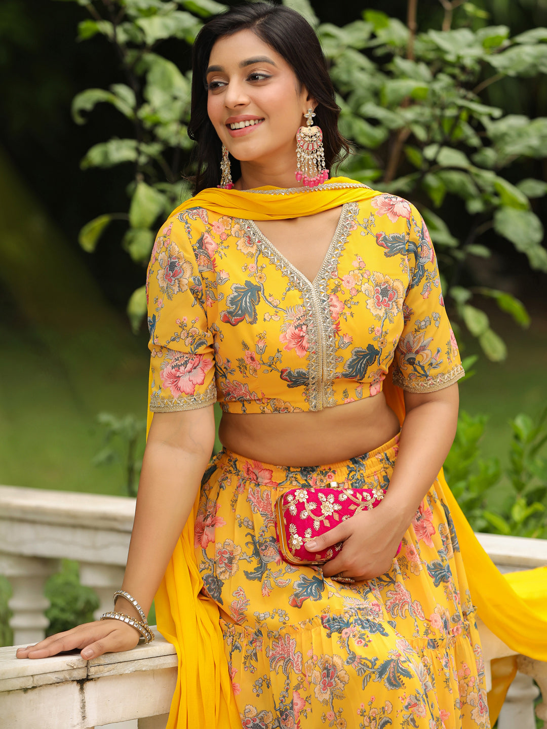 Yellow Georgette Floral Printed Tiered Lehenga Choli Set  - By Janasya