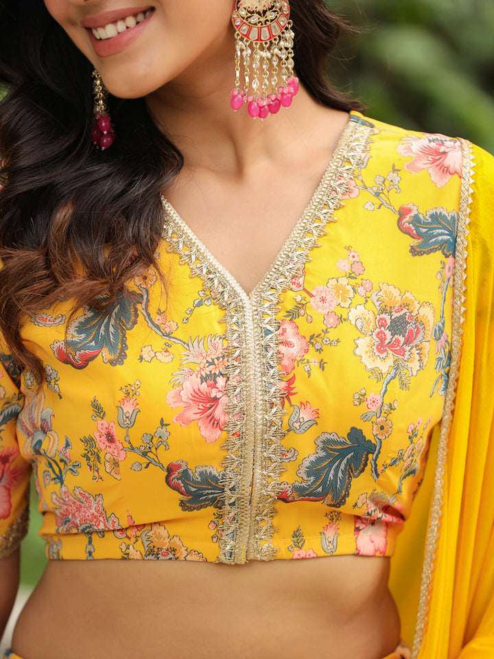 Yellow Georgette Floral Printed Tiered Lehenga Choli Set  - By Janasya