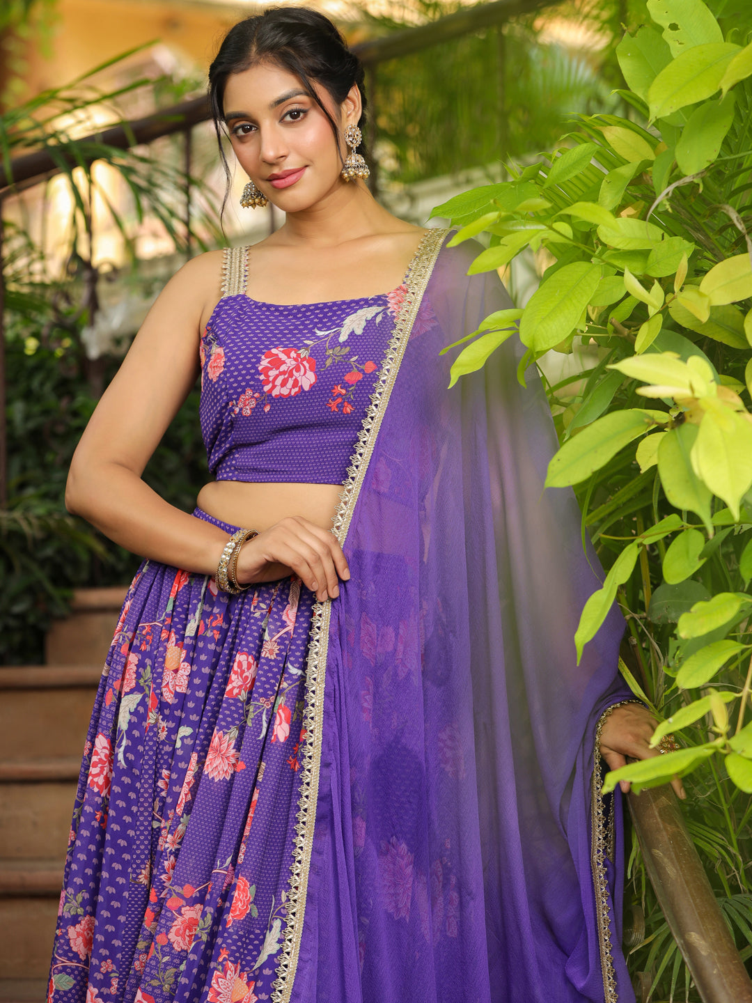 Purple Georgette Floral Printed Gathered Lehenga Choli Set  - By Janasya