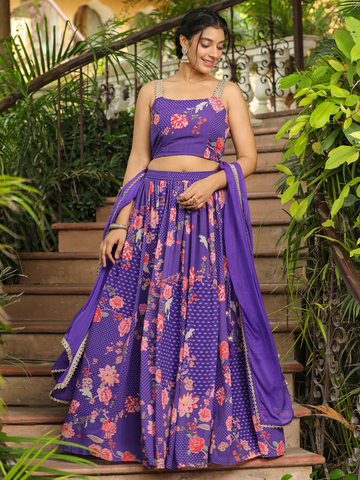 Purple Georgette Floral Printed Gathered Lehenga Choli Set  - By Janasya