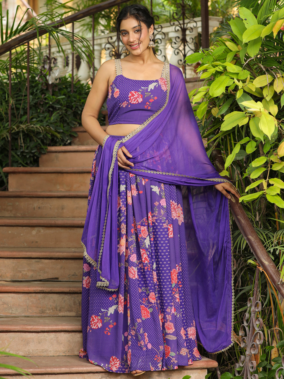 Purple Georgette Floral Printed Gathered Lehenga Choli Set  - By Janasya