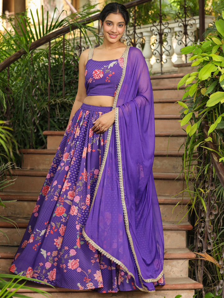 Purple Georgette Floral Printed Gathered Lehenga Choli Set  - By Janasya