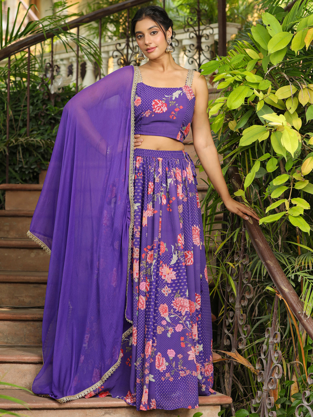 Purple Georgette Floral Printed Gathered Lehenga Choli Set  - By Janasya