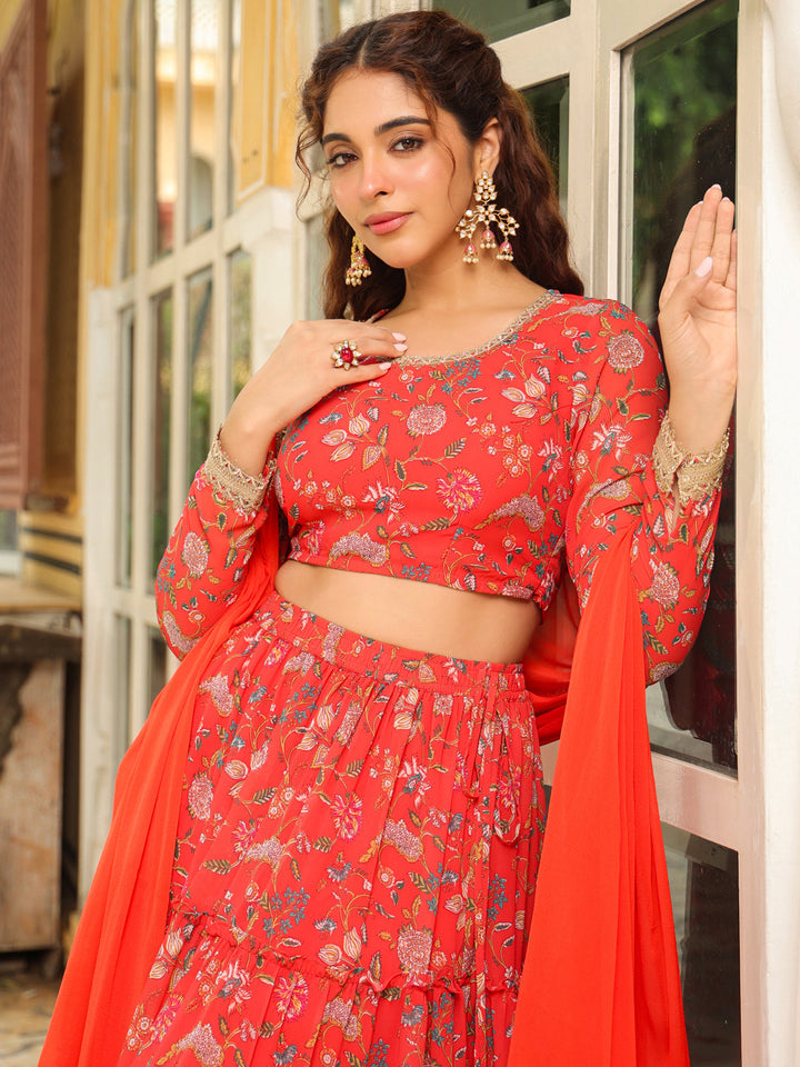 Red Georgette Floral Printed Tiered Lehenga Choli Set  - By Janasya