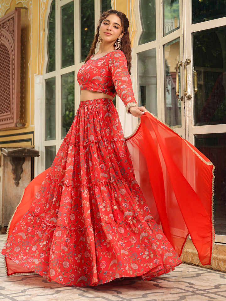 Red Georgette Floral Printed Tiered Lehenga Choli Set  - By Janasya