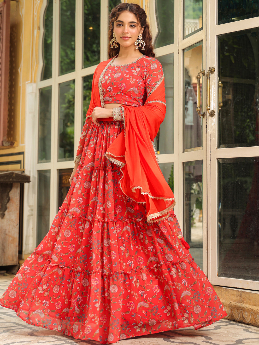 Red Georgette Floral Printed Tiered Lehenga Choli Set  - By Janasya