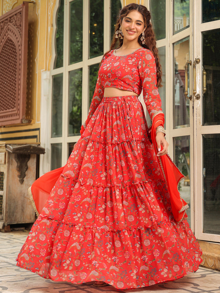 Red Georgette Floral Printed Tiered Lehenga Choli Set  - By Janasya