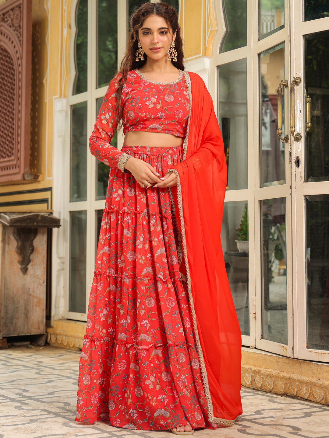 Red Georgette Floral Printed Tiered Lehenga Choli Set  - By Janasya