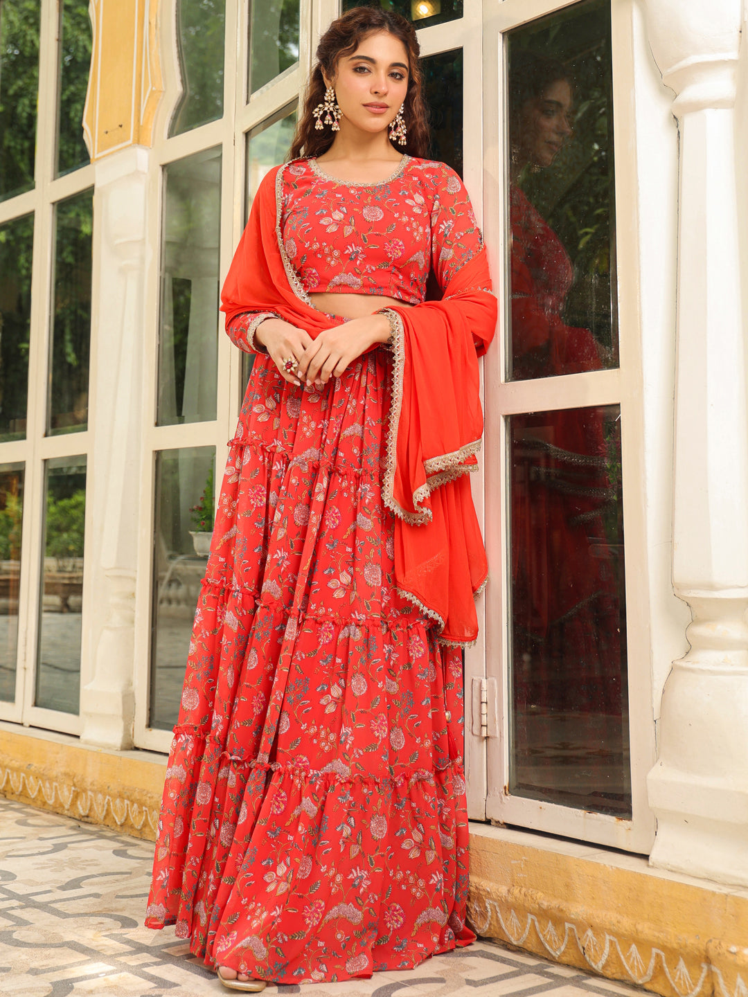 Red Georgette Floral Printed Tiered Lehenga Choli Set  - By Janasya