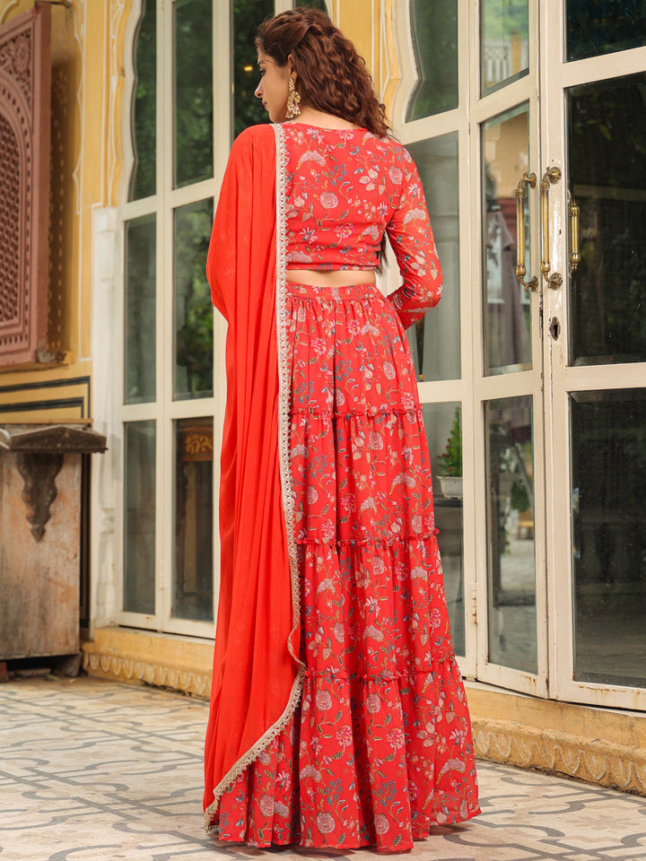 Red Georgette Floral Printed Tiered Lehenga Choli Set  - By Janasya