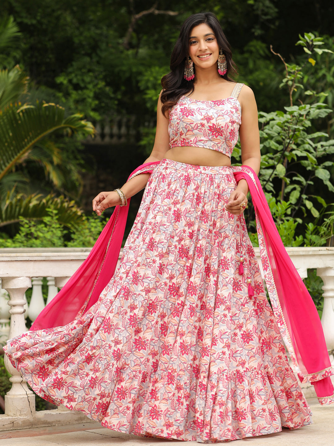 Cream & Pink Pure Cotton Floral Printed Tiered Lehenga Choli Set  - By Janasya