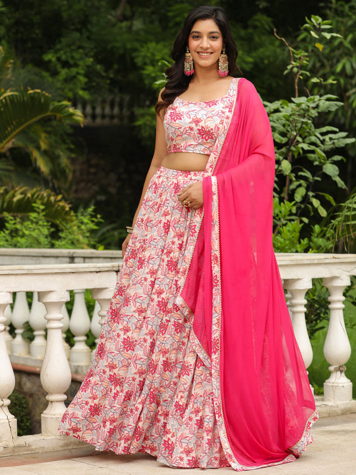 Cream & Pink Pure Cotton Floral Printed Tiered Lehenga Choli Set  - By Janasya