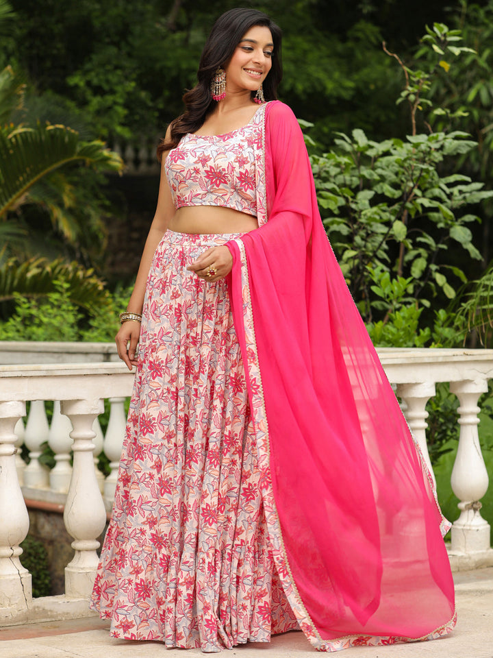 Cream & Pink Pure Cotton Floral Printed Tiered Lehenga Choli Set  - By Janasya