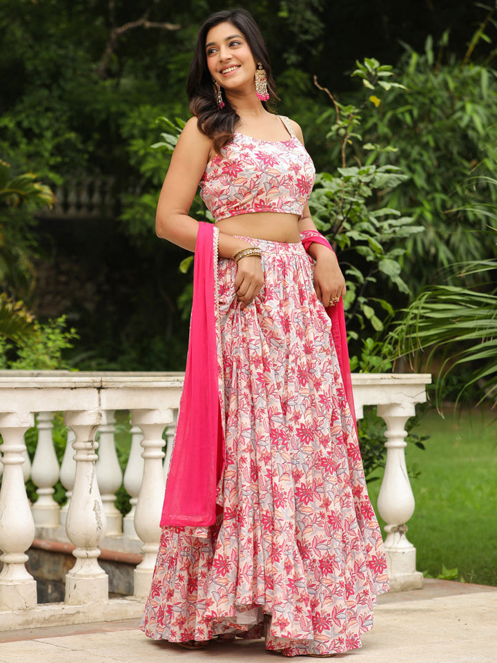 Cream & Pink Pure Cotton Floral Printed Tiered Lehenga Choli Set  - By Janasya