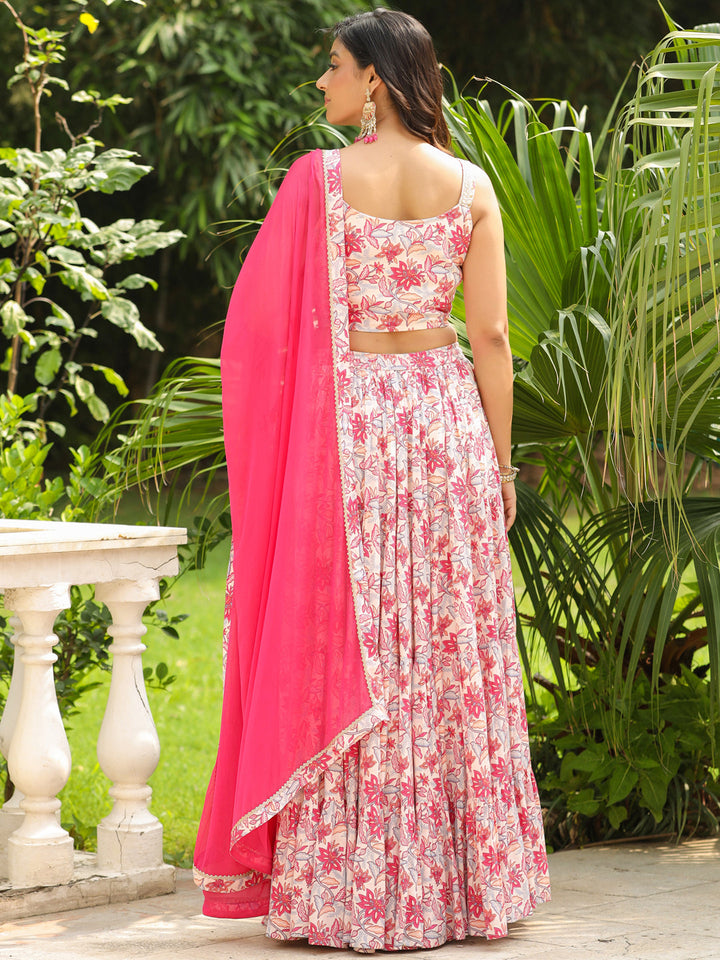 Cream & Pink Pure Cotton Floral Printed Tiered Lehenga Choli Set  - By Janasya