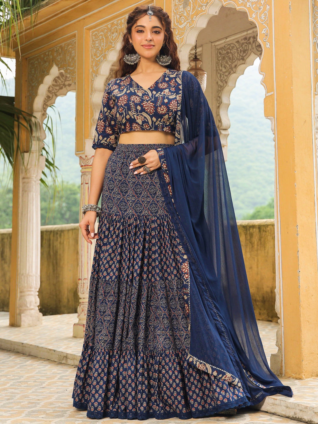 Dark Blue Pure Cotton Ethnic Motifs Printed Tiered Lehenga Choli Set  - By Janasya