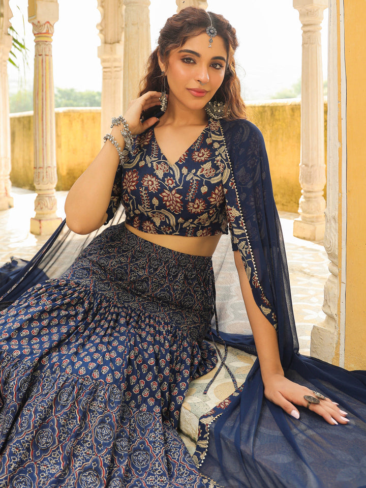 Dark Blue Pure Cotton Ethnic Motifs Printed Tiered Lehenga Choli Set  - By Janasya