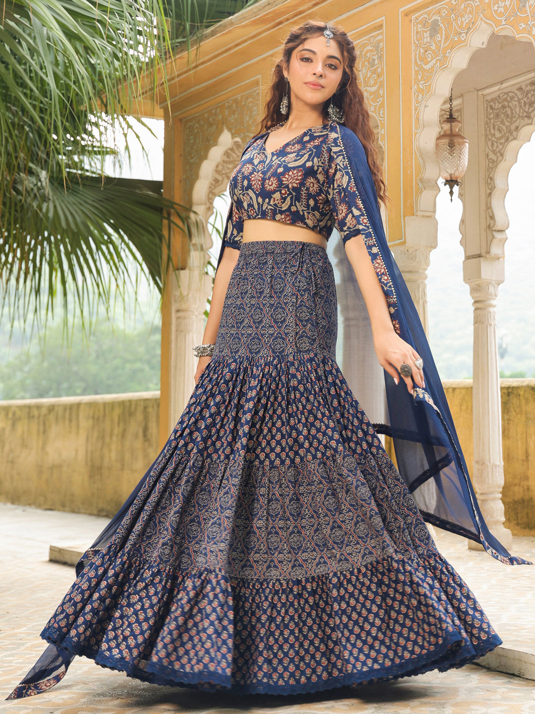 Dark Blue Pure Cotton Ethnic Motifs Printed Tiered Lehenga Choli Set  - By Janasya