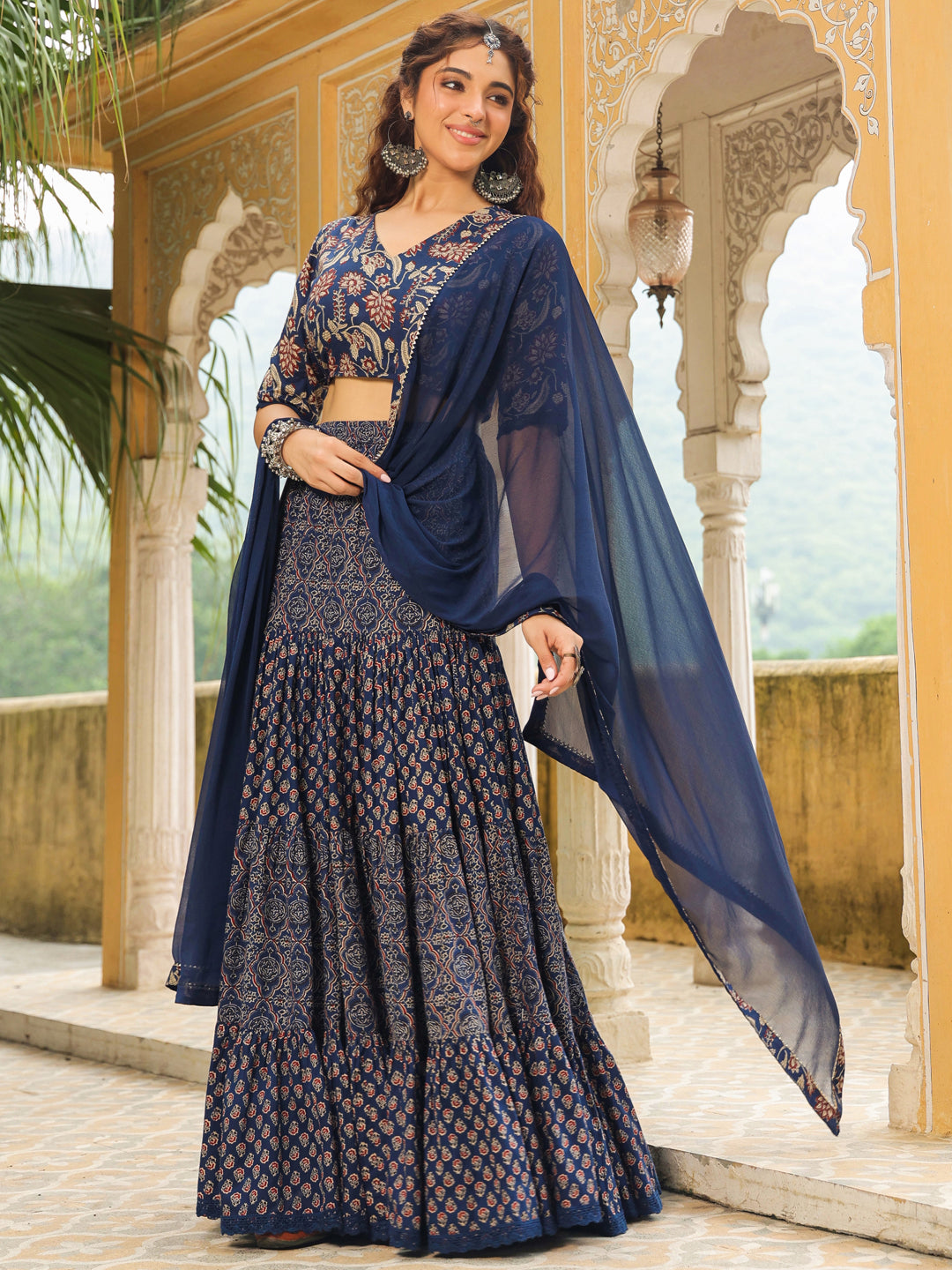 Dark Blue Pure Cotton Ethnic Motifs Printed Tiered Lehenga Choli Set  - By Janasya