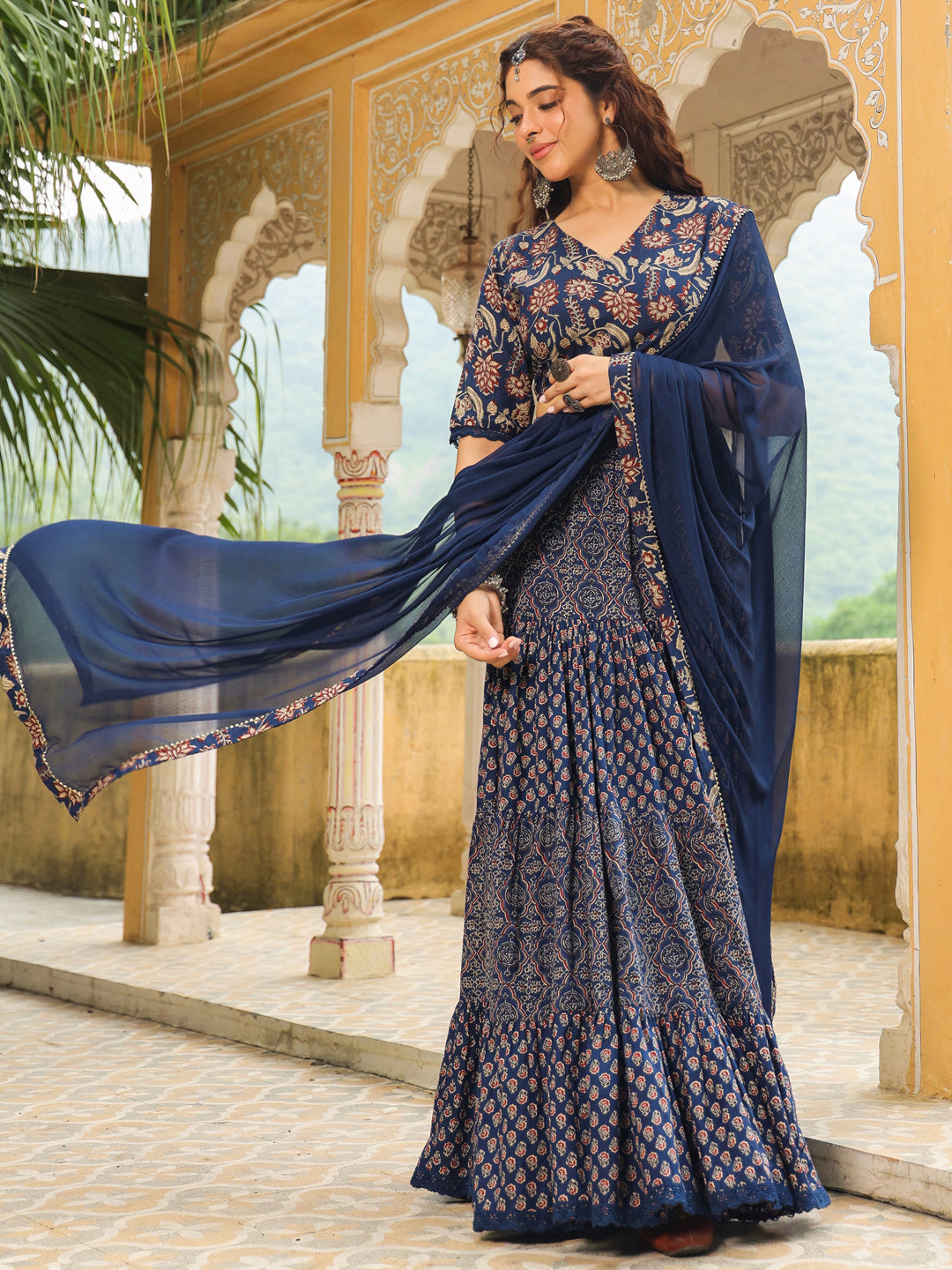 Dark Blue Pure Cotton Ethnic Motifs Printed Tiered Lehenga Choli Set  - By Janasya