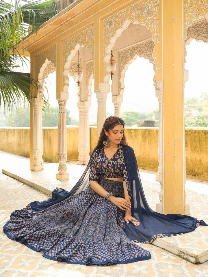 Dark Blue Pure Cotton Ethnic Motifs Printed Tiered Lehenga Choli Set  - By Janasya