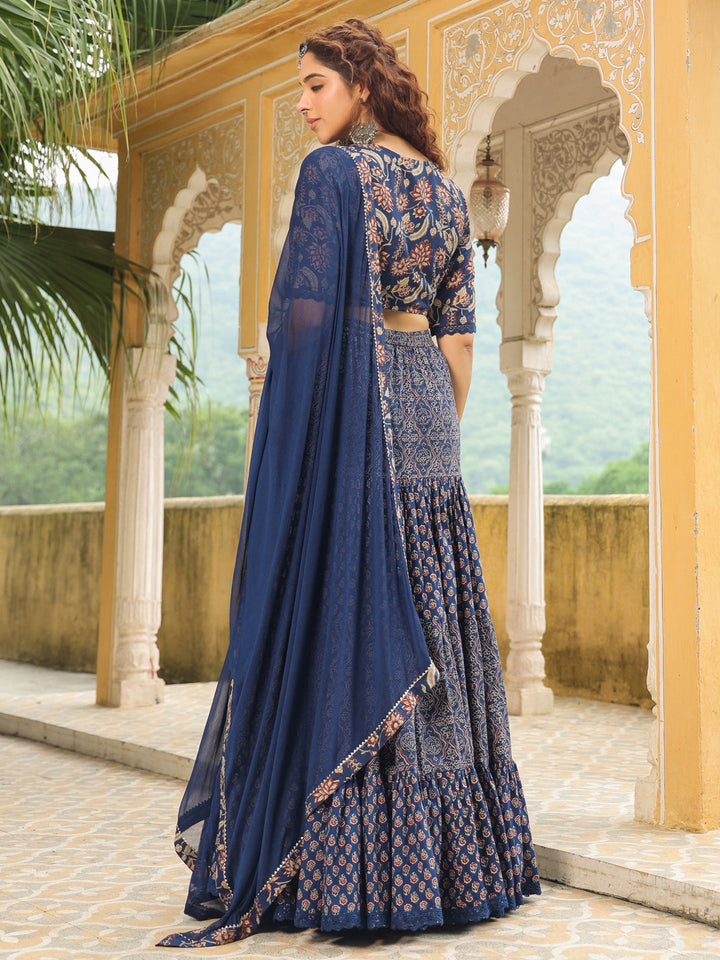 Dark Blue Pure Cotton Ethnic Motifs Printed Tiered Lehenga Choli Set  - By Janasya