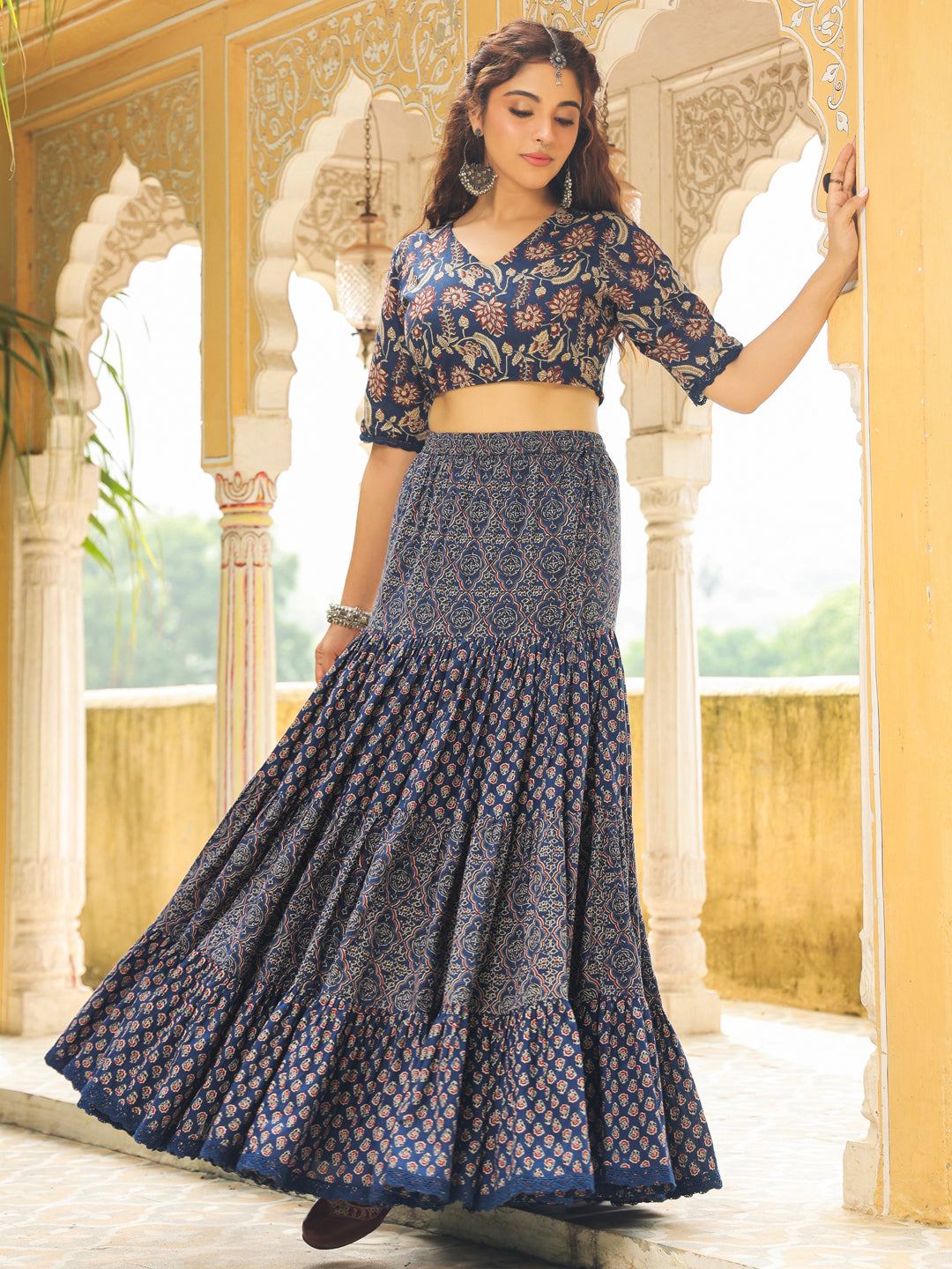 Dark Blue Pure Cotton Ethnic Motifs Printed Tiered Lehenga Choli Set  - By Janasya