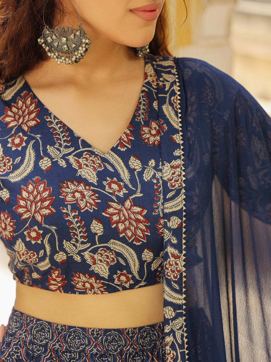 Dark Blue Pure Cotton Ethnic Motifs Printed Tiered Lehenga Choli Set  - By Janasya