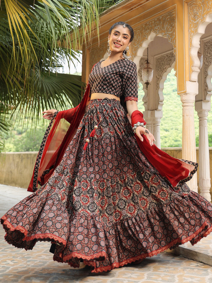 Black & Maroon Pure Cotton Ethnic Motifs Printed Tiered Lehenga Choli Set  - By Janasya