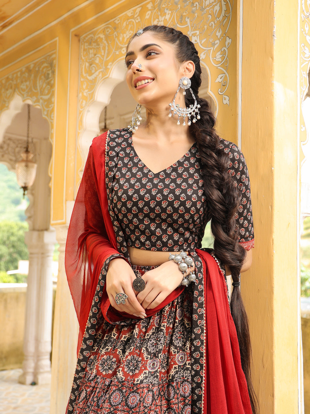 Black & Maroon Pure Cotton Ethnic Motifs Printed Tiered Lehenga Choli Set  - By Janasya