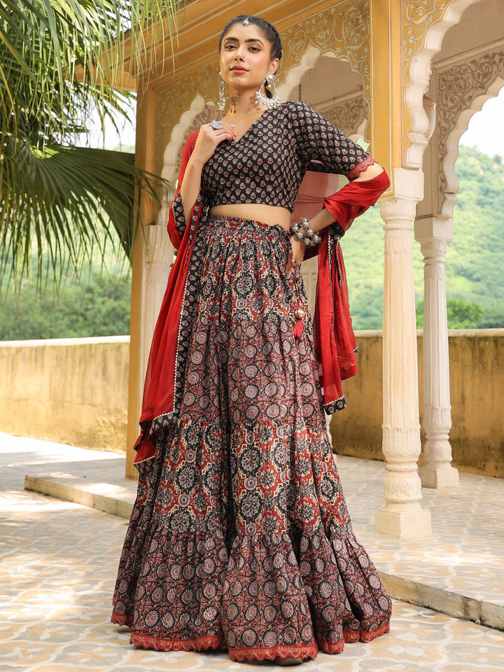 Black & Maroon Pure Cotton Ethnic Motifs Printed Tiered Lehenga Choli Set  - By Janasya