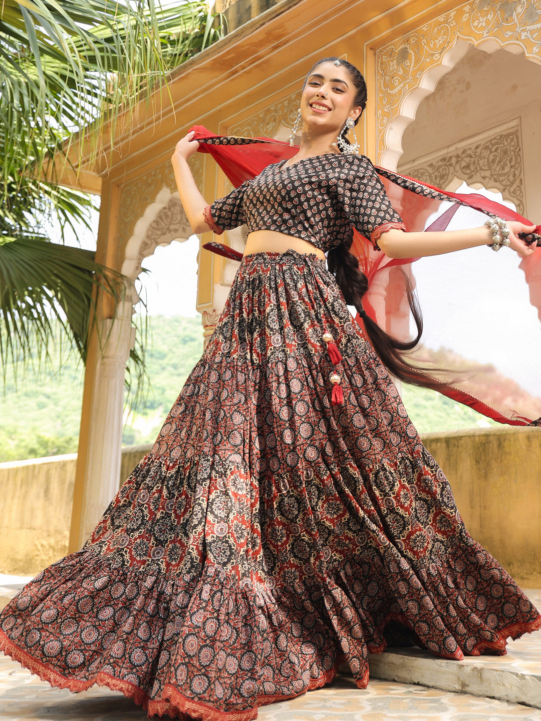 Black & Maroon Pure Cotton Ethnic Motifs Printed Tiered Lehenga Choli Set  - By Janasya