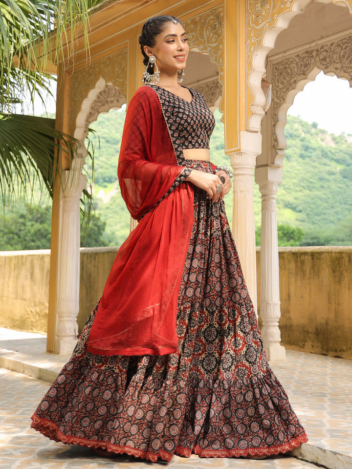 Black & Maroon Pure Cotton Ethnic Motifs Printed Tiered Lehenga Choli Set  - By Janasya