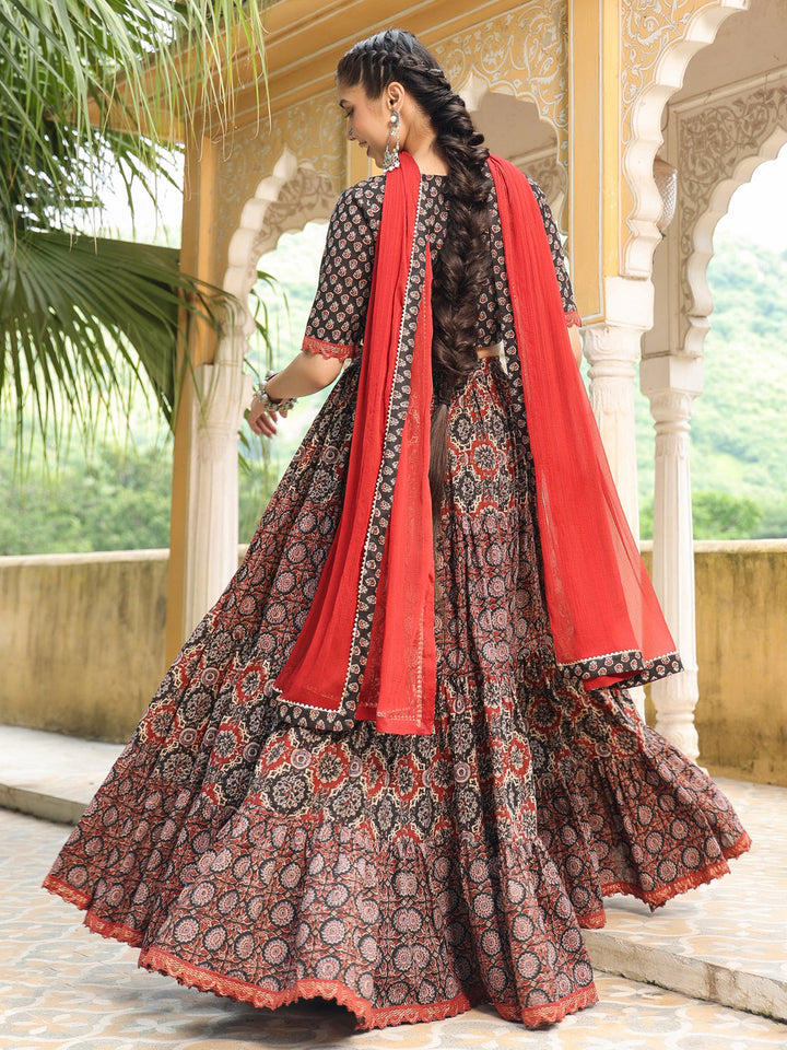 Black & Maroon Pure Cotton Ethnic Motifs Printed Tiered Lehenga Choli Set  - By Janasya