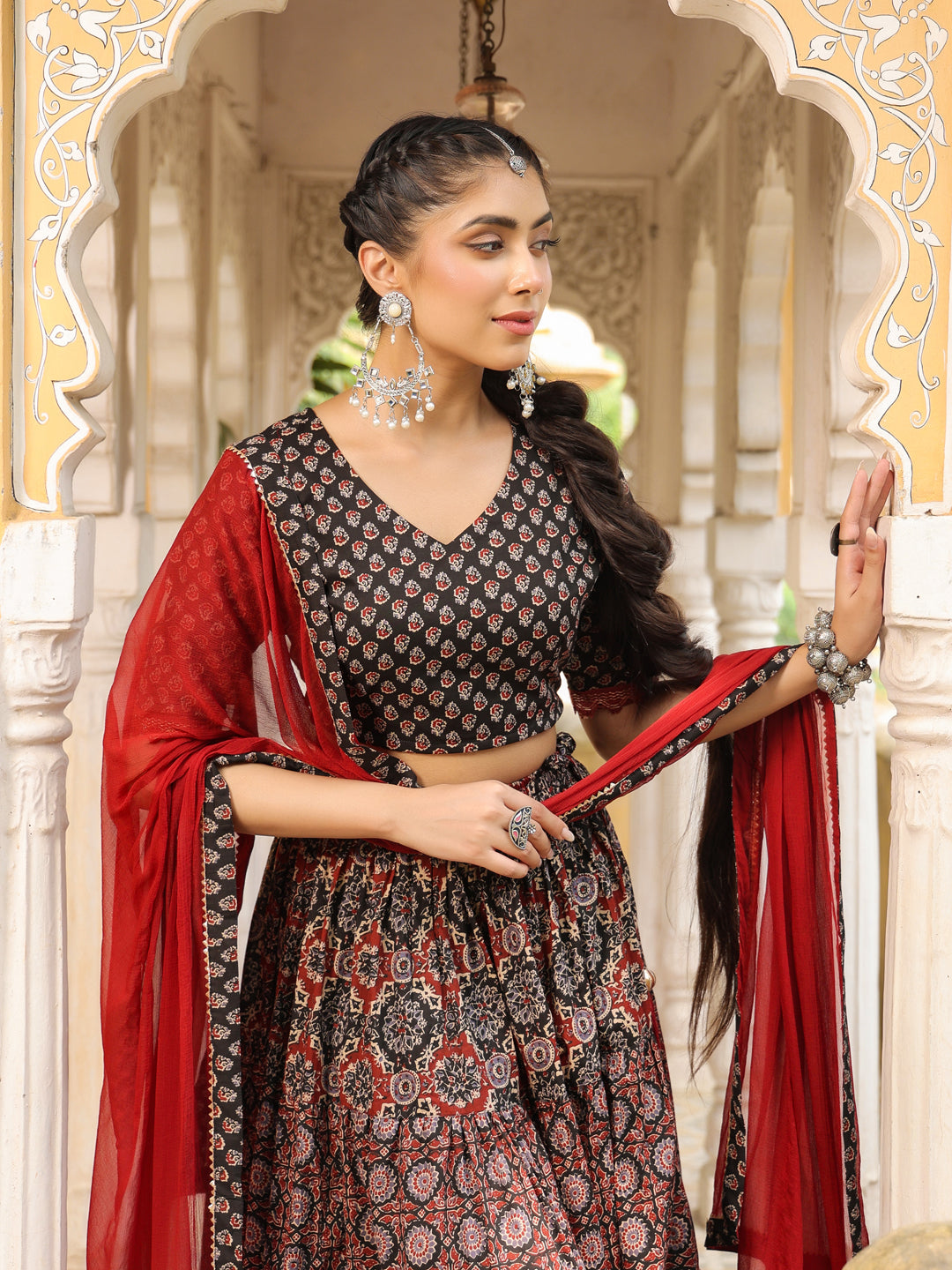 Black & Maroon Pure Cotton Ethnic Motifs Printed Tiered Lehenga Choli Set  - By Janasya