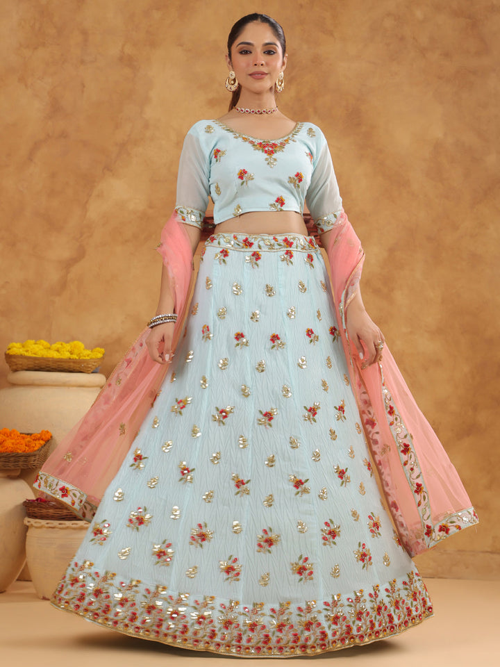 Light Blue Art Silk Zari Embroidered Semi-Stitched Lehenga & Unstitched Choli with Dupatta Set  - By Janasya