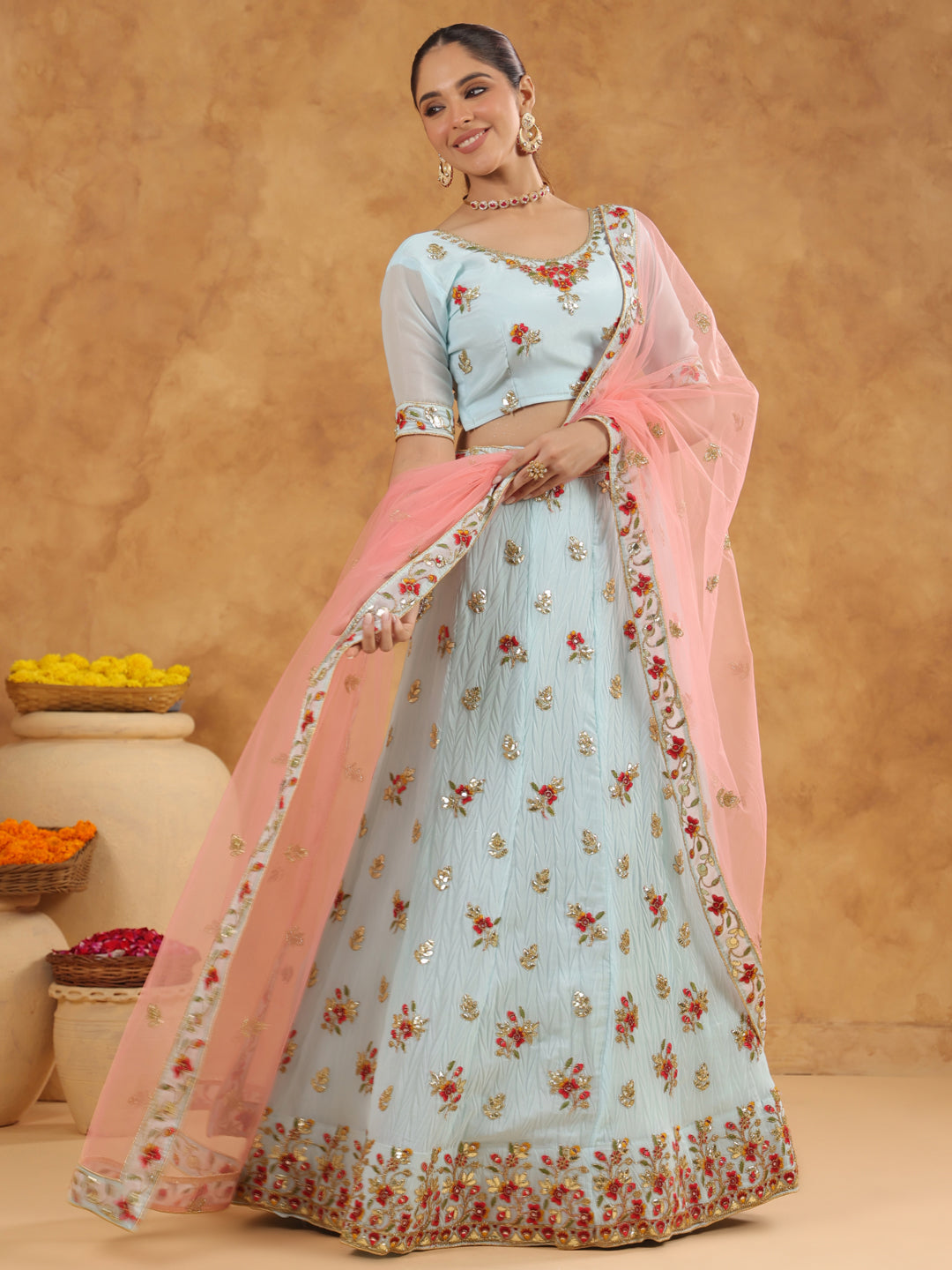 Light Blue Art Silk Zari Embroidered Semi-Stitched Lehenga & Unstitched Choli with Dupatta Set  - By Janasya