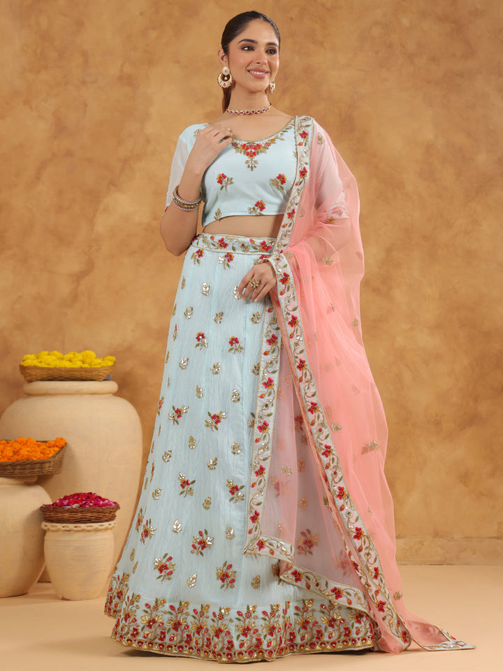 Light Blue Art Silk Zari Embroidered Semi-Stitched Lehenga & Unstitched Choli with Dupatta Set  - By Janasya