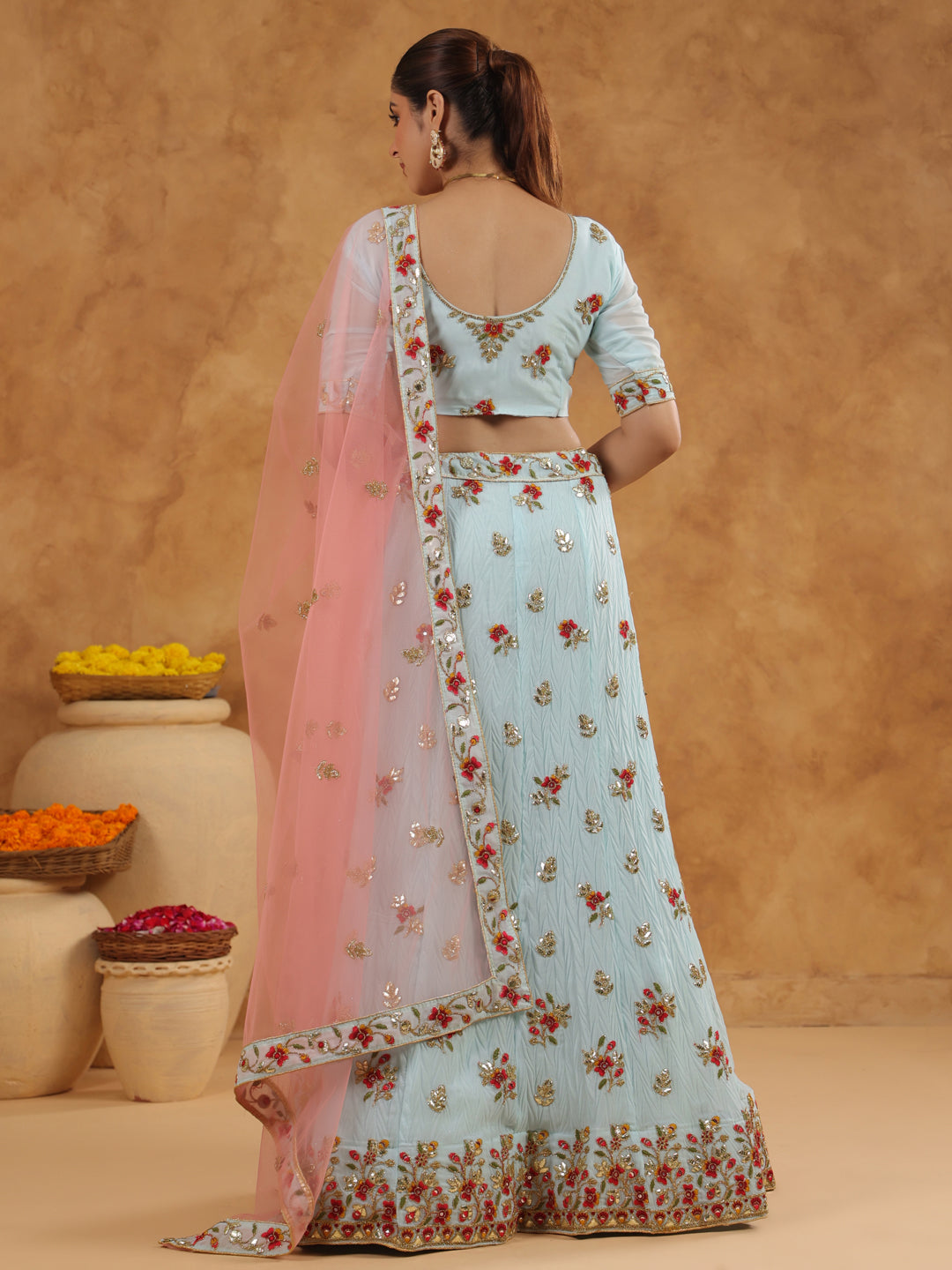 Light Blue Art Silk Zari Embroidered Semi-Stitched Lehenga & Unstitched Choli with Dupatta Set  - By Janasya