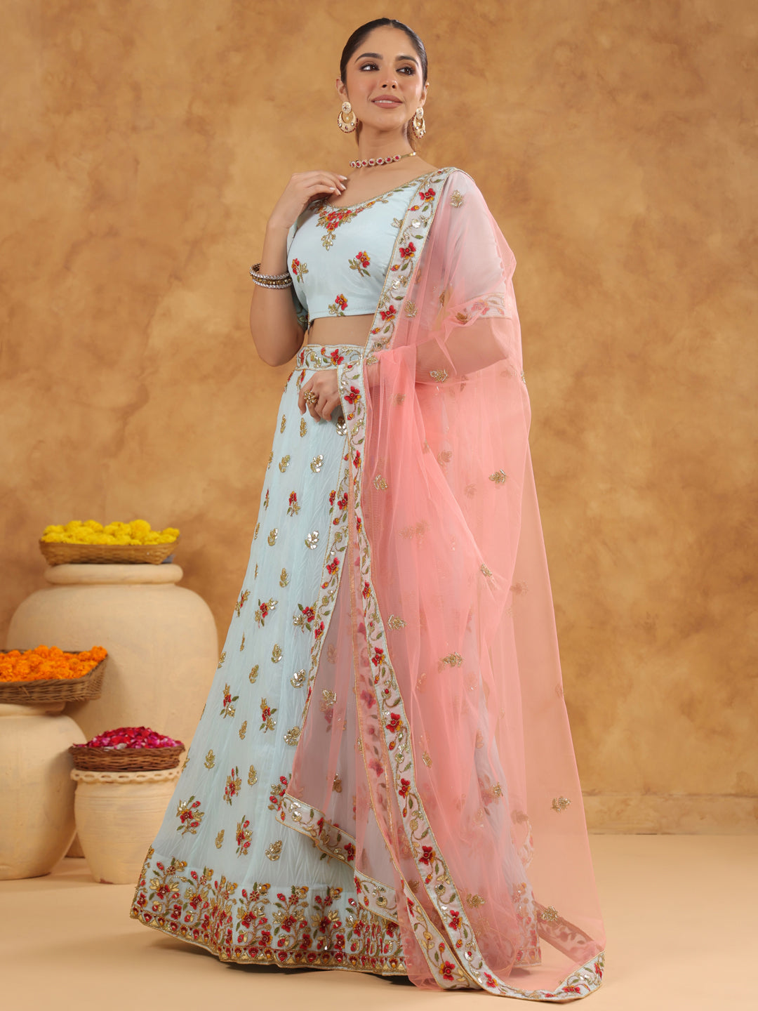 Light Blue Art Silk Zari Embroidered Semi-Stitched Lehenga & Unstitched Choli with Dupatta Set  - By Janasya