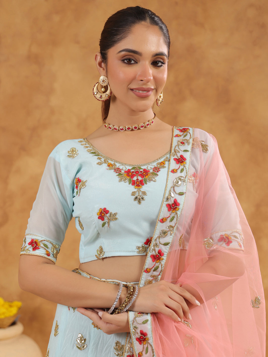 Light Blue Art Silk Zari Embroidered Semi-Stitched Lehenga & Unstitched Choli with Dupatta Set  - By Janasya