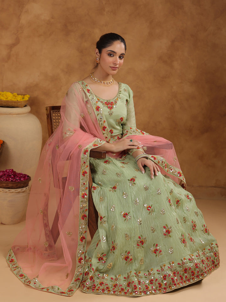 Pista Green Zari Art Silk Embroidered Semi-Stitched Lehenga & Unstitched Choli with Dupatta Set  - By Janasya