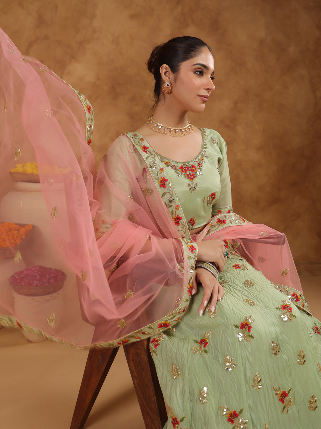 Pista Green Zari Art Silk Embroidered Semi-Stitched Lehenga & Unstitched Choli with Dupatta Set  - By Janasya