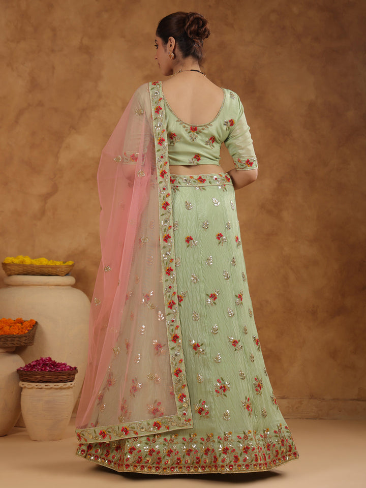 Pista Green Zari Art Silk Embroidered Semi-Stitched Lehenga & Unstitched Choli with Dupatta Set  - By Janasya