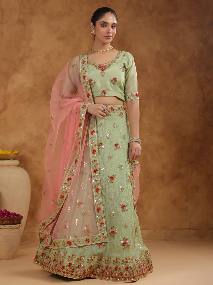 Pista Green Zari Art Silk Embroidered Semi-Stitched Lehenga & Unstitched Choli with Dupatta Set  - By Janasya