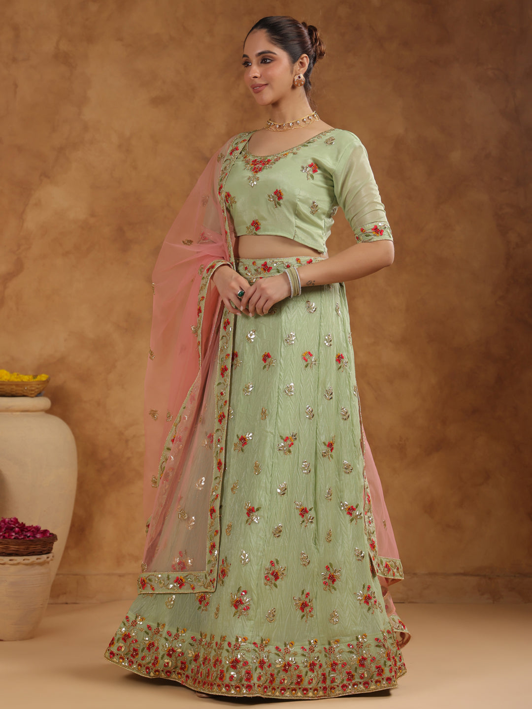 Pista Green Zari Art Silk Embroidered Semi-Stitched Lehenga & Unstitched Choli with Dupatta Set  - By Janasya