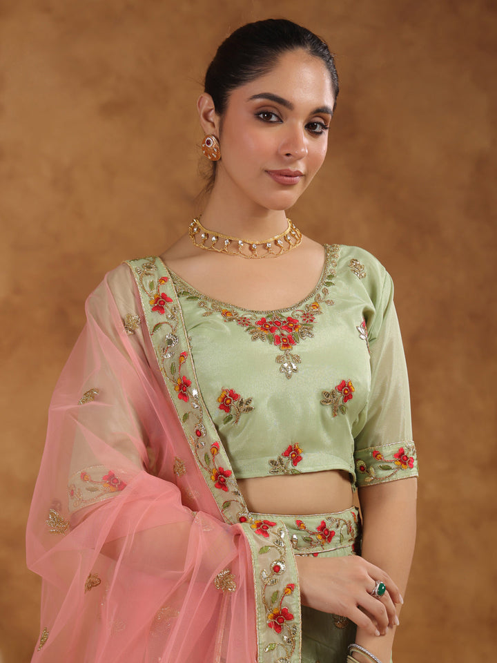 Pista Green Zari Art Silk Embroidered Semi-Stitched Lehenga & Unstitched Choli with Dupatta Set  - By Janasya