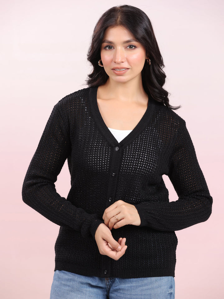 Black Woolen Self Design Winter Cardigan Shrug - By Janasya