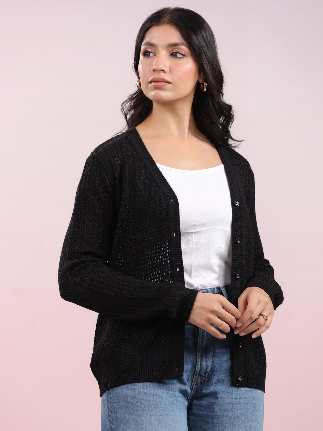 Black Woolen Self Design Winter Cardigan Shrug - By Janasya