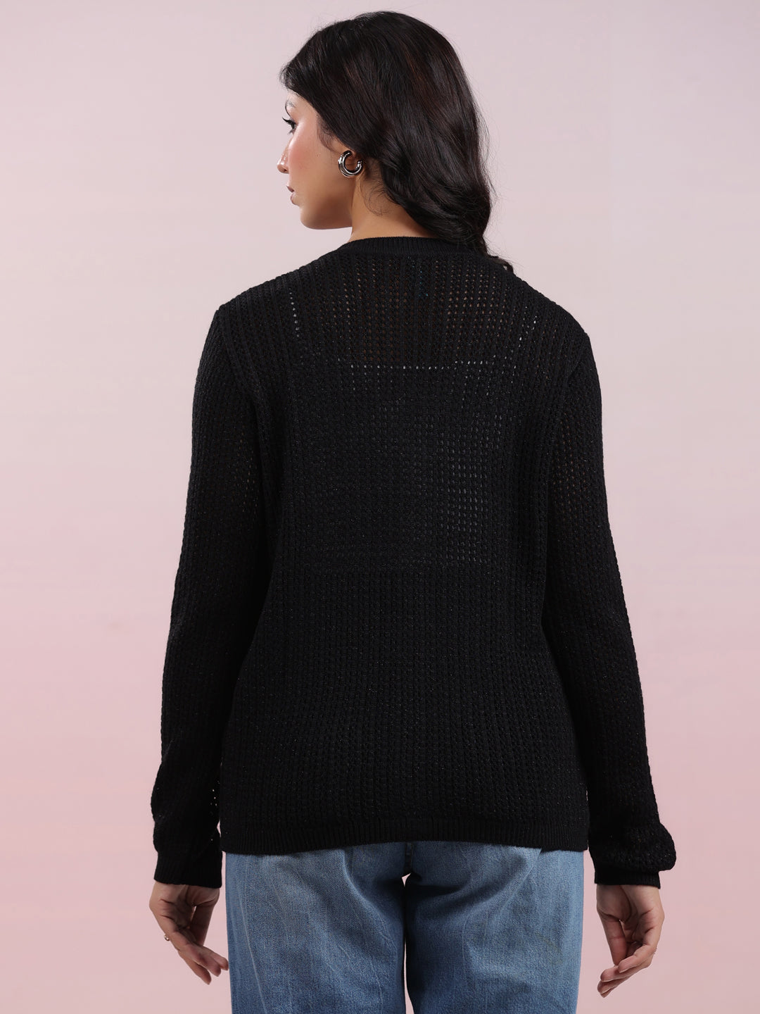 Black Woolen Self Design Winter Cardigan Shrug - By Janasya